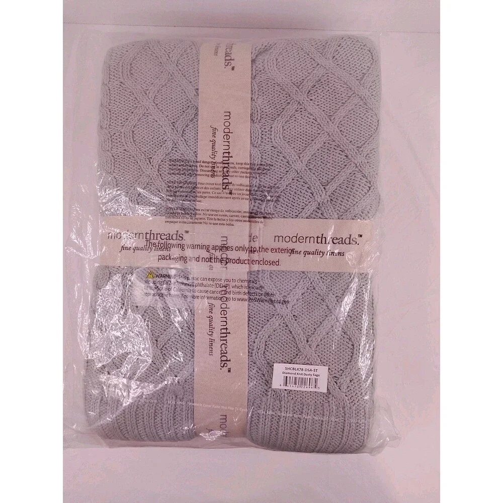 Modern Threads 100% Cotton Diamond Cable Knit Throw Blanket 50x70 Dusty Sage NWT